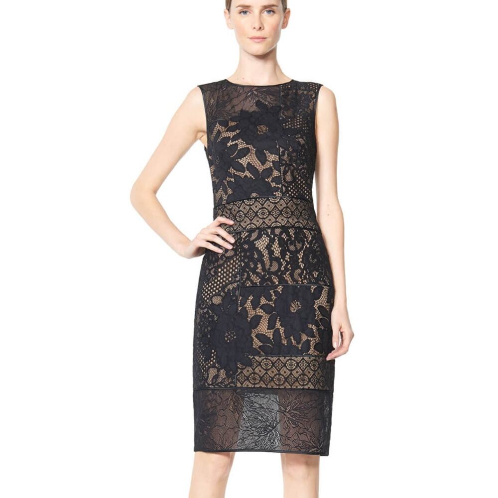 Tadashi Shoji Nemuro Dress Womens 8 Black‎ Nude Lace Sheath Cocktail Evening